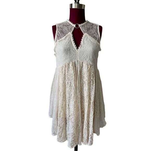 Free People Dont You Dare Lace Trim Mini Dress Boho Flare Beige Size Small - Picture 9 of 12